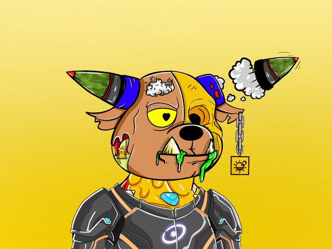 A cartoon NFT-style illustration of a zombie dog character with rocket-shaped ears, exposed brain, dripping green slime, wearing futuristic armor on a yellow background.