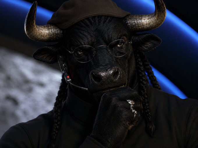 A surreal AI-generated portrait of a black bull wearing a brown cap, round glasses, and a headset microphone, with braided hair and silver rings, set against a blue-lit background.