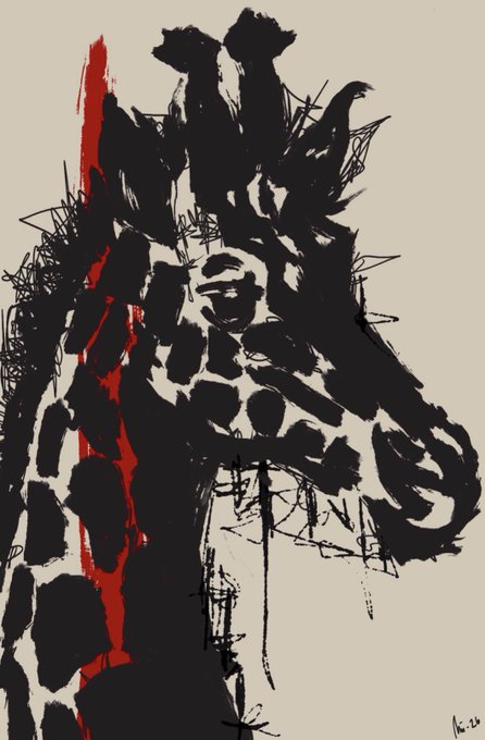 A striking ink painting of a giraffe's head rendered in bold black brushstrokes with vivid red accents, capturing the animal's distinctive patterned coat and gentle expression. The expressive, gestural style fits well with the "Jungle" collection theme.