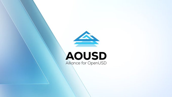 A logo for AOUSD (Alliance for OpenUSD) displayed against a light blue and white geometric background.
