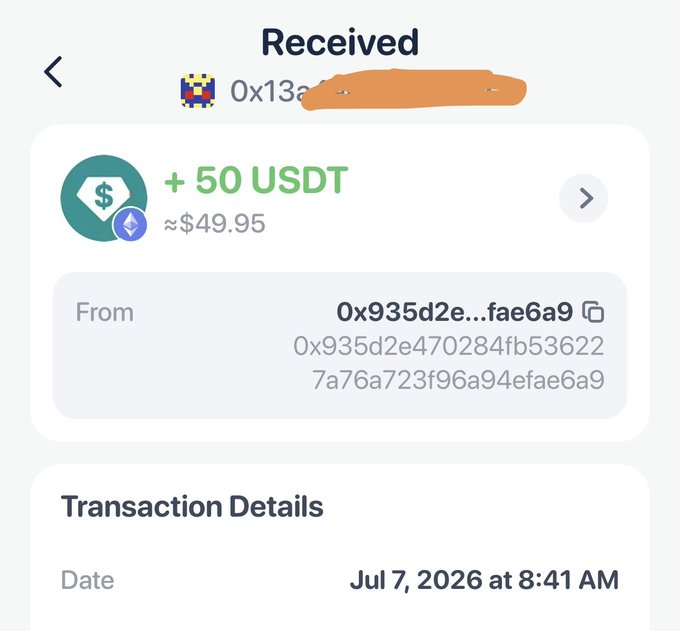 A crypto wallet transaction receipt showing receipt of +50 USDT (~$49.95) from address 0x935d2e...fae6a9, dated Jul 7, 2026 at 8:41 AM.