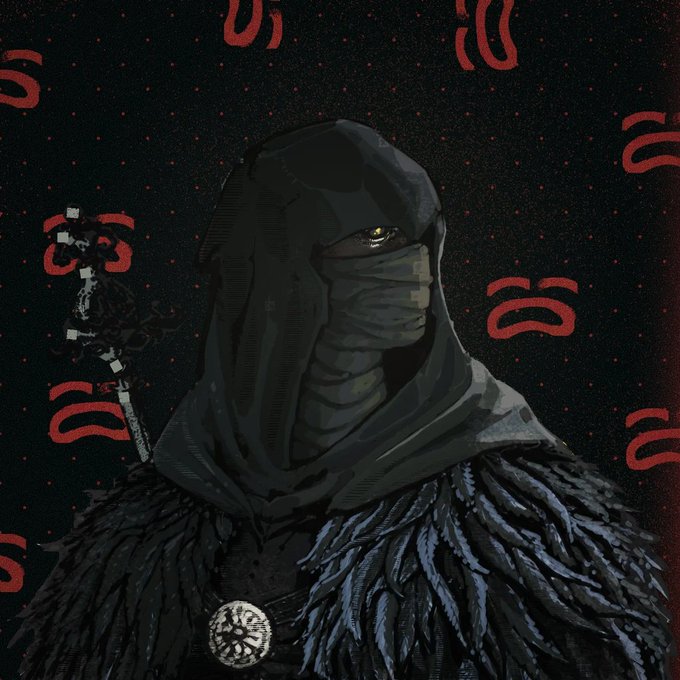 A digital painting of a hooded figure with yellow eyes and a face covered by wrappings, wearing dark feathered armor with a circular emblem, set against a dark background with red abstract symbols.