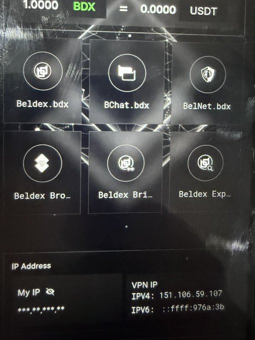 The Beldex browser's home screen displays a BDX/USDT exchange rate (1.0000 BDX = 0.0000 USDT) above a grid of integrated services—Beldex.bdx, BChat.bdx, BelNet.bdx, Beldex Browser, Beldex Bridge, and Beldex Explorer—with the user's VPN IP (151.106.59.107) shown below, visually confirming the post's claim that the browser unifies privacy tools, Beldex services, and market data into one interface.