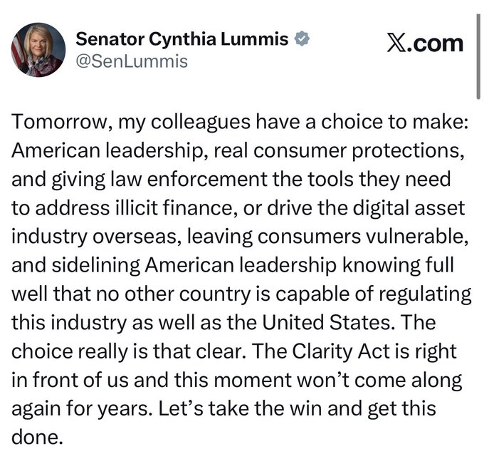 A tweet from Senator Cynthia Lummis (@SenLummis) urging colleagues to support the Clarity Act for digital asset regulation, emphasizing American leadership and consumer protections.