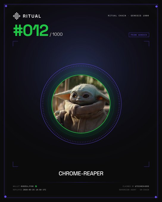 A digital collectible card from Ritual's "Genesis 1000" series, numbered #012/1000, features an image of Grogu (popularly known as "Baby Yoda") from The Mandalorian, tagged "CHROME-REAPER" and "PRIMI GENESIS," with the caption emphasizing early membership and ownership of this rare, low-numbered token.