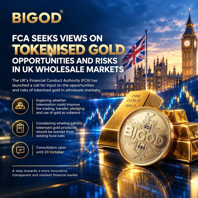 An advertisement for BIGOD displays text 'FCA SEEKS VIEWS ON TOKENISED GOLD OPPORTUNITIES AND RISKS IN UK WHOLESALE MARKETS' alongside gold bars and the Houses of Parliament.