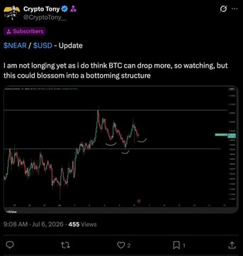 The image shows a crypto trading post by Crypto Tony (@CryptoTony__) on X, featuring a $NEAR/$SUSD chart with the caption noting that BTC could drop more but could also "blossom into a bottoming structure." Accompanied by a celebratory message about catching the lows on a $NEAR pump and inviting subscribers to join.