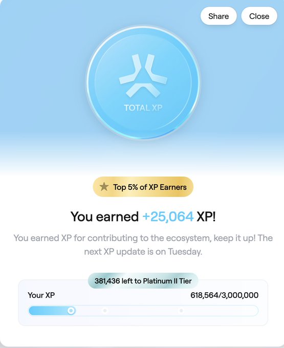 XP rewards screen showing 'TOTAL XP' with a blue circle icon, announcing '+25,064 XP!' earned for being in the Top 5% of XP Earners, with 618,564/3,000,000 XP progress toward Platinum II Tier.