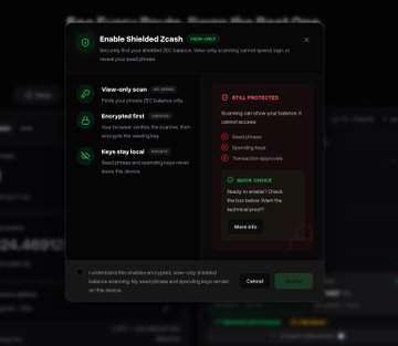 The image shows a computer screen displaying a user interface of a web application called "ZEC wallet" that allows users to connect their ZEC wallets without requiring synchronization or KYC. The app provides various features, such as enabling shielding with ZEC Shielding Zcash and viewing transaction details on the screen. It also offers options for quick checks and the ability to change settings.