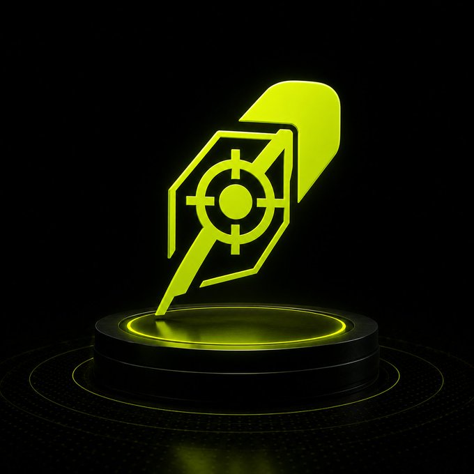 A glowing neon yellow-green gaming or tech logo resembling a stylized bird or helmet with a crosshair/target design, displayed on a dark pedestal.