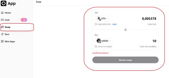 A screenshot of a crypto swap app interface showing an ETH to USDC exchange attempt, highlighted with red circles around the 'Swap' menu item and the swap details showing 'Insufficient balance'.