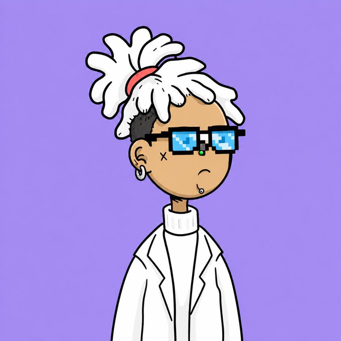 The image features a cartoon character wearing glasses, a white shirt, and a tie. The character has spiky hair and is looking down at something off-camera. The background of the image is purple with a white line running through it. There are also some numbers visible in the image.