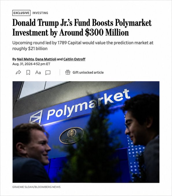 A Bloomberg article headlined "Donald Trump Jr.'s Fund Boosts Polymarket Investment by Around $300 Million," reporting that an upcoming funding round led by 1789 Capital values the prediction market at roughly $21 billion, paired with an image of two men in conversation in front of a glowing blue Polymarket sign. The post's hype about Polymarket aligns with the article's revelation of a major $300M investment and $21B valuation, suggesting the prediction-market platform is poised for significant growth similar to Hyperliquid's rise.