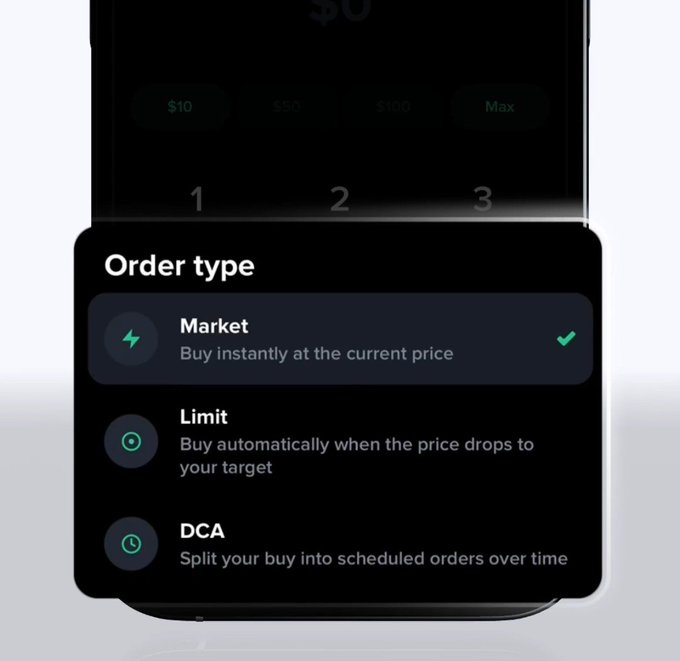 A smartphone interface displaying a cryptocurrency or stock trading app with an 'Order type' menu offering options for 'Market' (selected with a green checkmark), 'Limit', and 'DCA' orders, above preset amount buttons of $10, $50, $100, and Max.