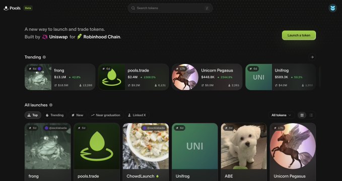 A screenshot of the Pools.trade launchpad on Robinhood Chain showing trending tokens including $FRONG ($13.1M, +62.8%) and $POOLS ($2.4M, +1566.5%), alongside other tokens like Unicorn Pegasus ($448.6K) and Unifrog ($589.3M). The image confirms the post's claim of a live Uniswap-powered launchpad featuring $FRONG memecoin and $POOLS tokens.