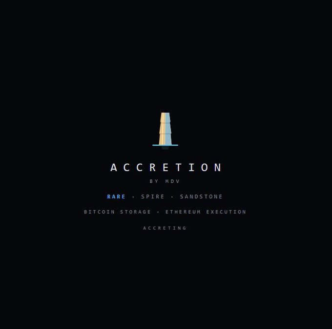 A dark logo graphic displays 'ACCRETION by MDV' with the subtitle 'RARE · SPIRE · SANDSTONE' and 'BITCOIN STORAGE · ETHEREUM EXECUTION'.