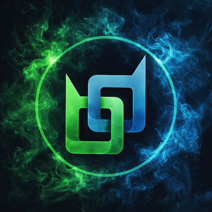 A digital logo design featuring a stylized 'b' or '6' symbol in green and blue tones, surrounded by a circular border and set against a smoky, swirling background.