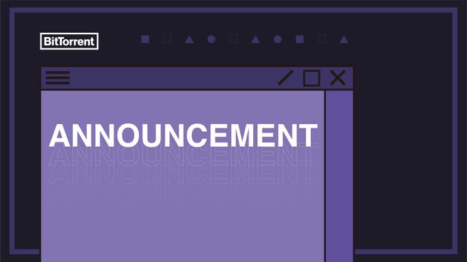 A dark purple graphic designed like a web browser window features the "BitTorrent" logo in the top-left corner alongside decorative geometric icons, with the word "ANNOUNCEMENT" displayed in large white letters in the center of the main window pane. The image serves as a visual header for the post's announcement regarding BitTorrent's upcoming migration to BTTInferGrid and the July 25, 2026 deadline for backing up legacy BTFS files.