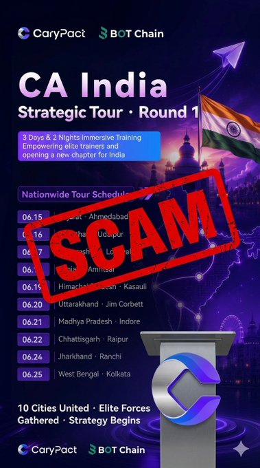 The image features a poster for an event called "CA India Strategic Tour Round 1" with a red stamp over the title of the event. The poster also includes a warning about a potential scam, indicating that people should be cautious when participating in this tour or any other events related to it.