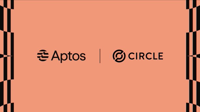 A graphic on a peach/coral background with decorative black borders on the sides displays the logos for 'Aptos' and 'CIRCLE' separated by a vertical line, indicating a partnership.