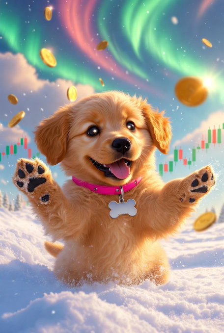 A happy golden puppy with a bone-shaped tag joyfully catches falling gold coins amid an aurora-lit snowy sky with green and red candlestick charts in the background, symbolizing bullish crypto gains—specifically tied to the $BINGO token mentioned in the post.