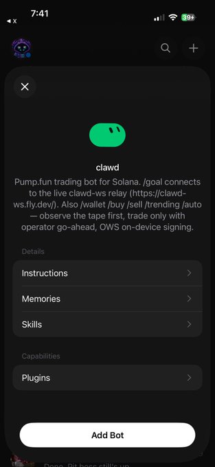 A mobile app interface displaying the profile for a bot named 'clawd', described as a 'Pump.fun trading bot for Solana' with expandable sections for Instructions, Memories, Skills, and Plugins.