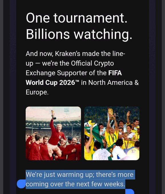 The image shows a poster for a tournament with two photos of people celebrating, one holding a trophy and another holding a trophy and a soccer ball. The text on the poster reads "One tournament. Billions watching. And now, Kraken's made the line-up up- #FIFA exchange supporter of the FIFA World Cup 2026" in North America & Europe.
