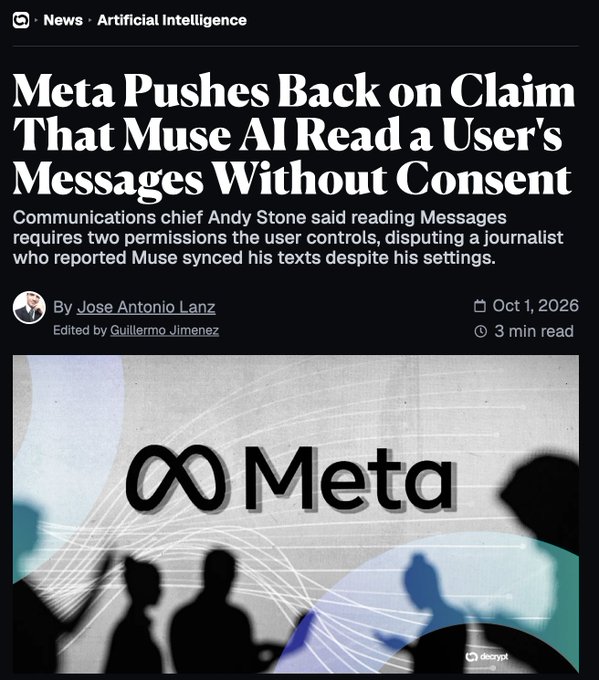 A Decrypt news article titled 'Meta Pushes Back on Claim That Muse AI Read a User's Messages Without Consent,' featuring the Meta logo.