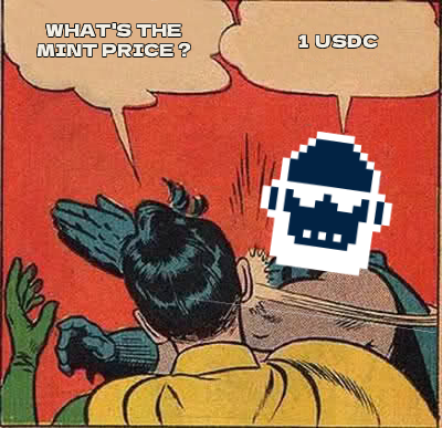 A comic-style illustration shows a Batman character asking "WHAT'S THE MINT PRICE?" while a pixelated character in a hood responds "1 USDC".