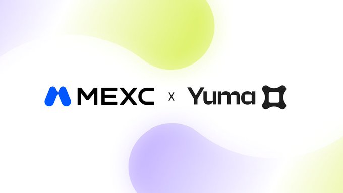 The image displays a partnership announcement featuring the "MEXC x Yuma" logos side by side, with soft pastel yellow and purple blob shapes decorating the background. It visually represents the collaboration in which MEXC's global user base can now access Bittensor ($TAO) staking powered by Yuma's Bittensor-native validator infrastructure.