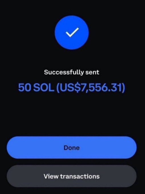 A mobile screenshot confirming the successful transfer of 50 SOL (US$7,556.31), shown with a blue checkmark and "Done" button, used as fake proof to lend credibility to the Solana giveaway scam post.