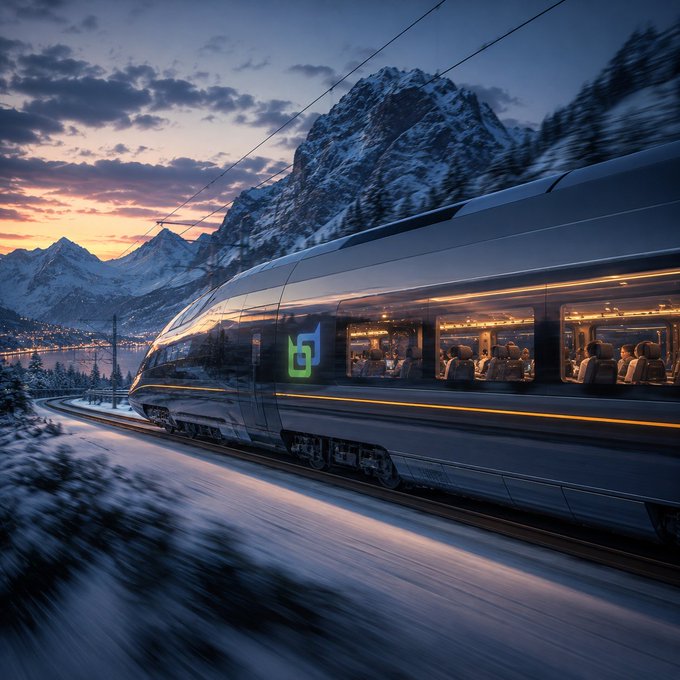 A modern sleek train travels through a snowy mountainous landscape at sunset, with passengers visible through the illuminated windows.