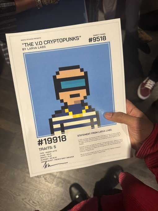 A person holds a 'The V.O Cryptopunks' print by Larva Labs featuring punk #19918 with 5 traits including 'Beanie' and 'VR Blue' glitch accessories.