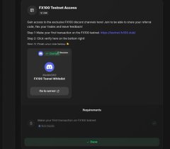 A dark mode screenshot titled 'FXGO Testnet Access' providing instructions on getting test tokens for the FXGO token wallet and social features.