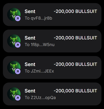 A series of transaction notifications showing four separate "Sent" transfers of -200,000 BULLSUIT tokens to various wallet addresses (qVF8, 1f8p, JZmi, Z2Uz). The image visually demonstrates the airdrop claim process by displaying successful token distributions, consistent with the post's offer of 200,000 $BULLSUIT tokens to participants who follow and retweet.