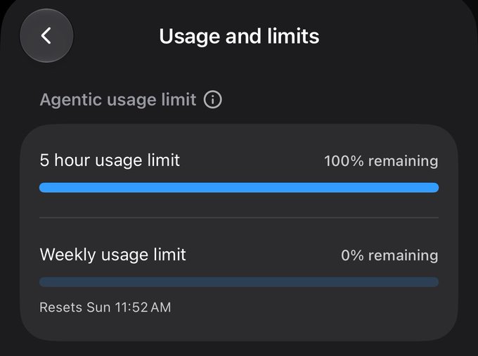 A dark-themed 'Usage and limits' screen showing an 'Agentic usage limit' section with a '5 hour usage limit' at 100% remaining and a 'Weekly usage limit' at 0% remaining, resetting Sun 11:52 AM.