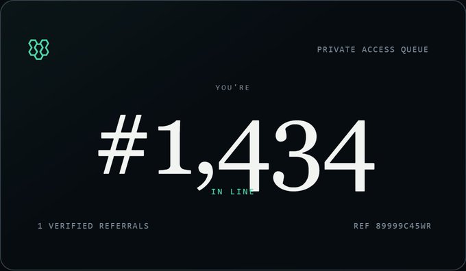 Digital interface showing a private access queue position of '#1,434' with '1 VERIFIED REFERRALS' and a reference code '89999C45WR' on a dark background.
