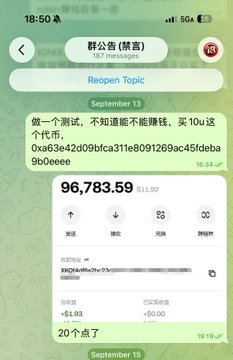 A smartphone screenshot of a Telegram group chat in Chinese ('醉公會') showing a message containing a cryptocurrency wallet address and a test transaction of 10 USDT with a total value of $96,783.59.