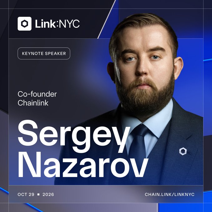 Promotional graphic for Link:NYC featuring Chainlink co-founder Sergey Nazarov as the keynote speaker. The poster reads “OCT 29 ▪ 2026” and “CHAIN.LINK/LINKNYC,” announcing his October 29 keynote appearance.