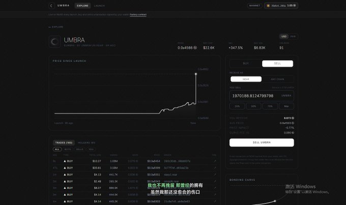 A cryptocurrency trading interface for 'UMBRA' showing a price chart with +347.5% gain, 24h volume of $6.63K, and 81 holders.