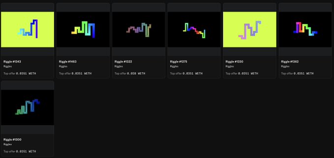 The image shows a gallery of 7 pixel-art NFT thumbnails from the "Riggles" collection (Riggs #1343, #1463, #1322, #1375, #1330, #1082, and #1300), each with a top offer of approximately 0.0351–0.0352 WETH. The vibrant chart-pattern artwork visually reinforces the bullish sentiment expressed in the accompanying post about @itsriggles ("about to cook").