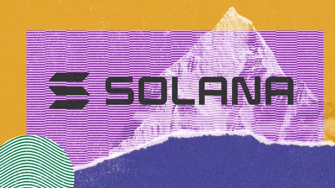 A colorful graphic featuring the Solana logo and text overlaid on a stylized mountain illustration in pink, yellow, and blue tones.