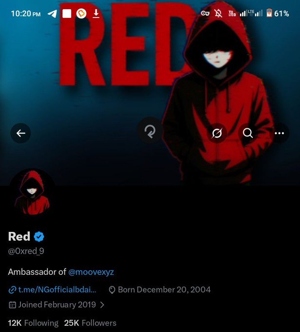 A Twitter/X profile screenshot for 'Red' (@0xred_9), an Ambassador of @moovexyz, born December 20, 2004, with 12K Following and 25K Followers, featuring a dark banner image of a hooded figure with a mask and the word 'RED' in large red letters.