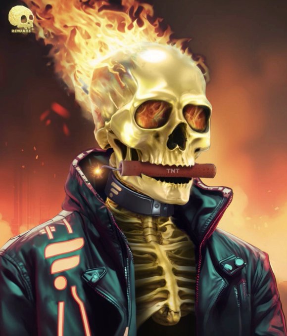 Digital artwork of a flaming skull wearing a futuristic jacket with red glowing accents, holding a stick of TNT in its mouth, with 'REWARD'S' logo in the top left corner.