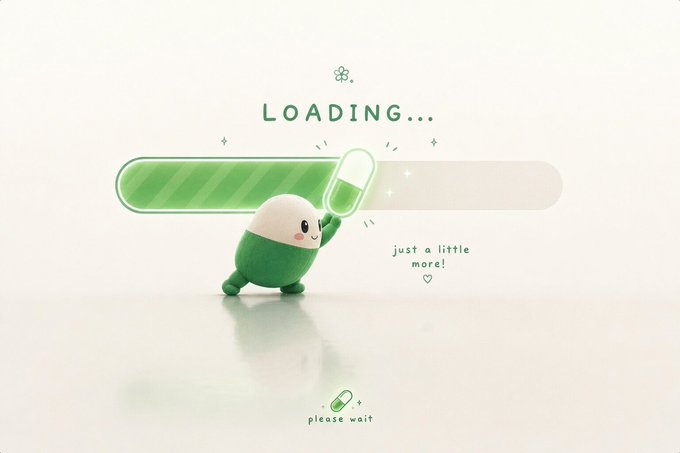 A cute green and white pill-shaped mascot is filling up a loading bar with a giant capsule, with text reading "LOADING...," "just a little more!" and "please wait," symbolizing the ongoing progress and anticipated growth of the $cupsey token highlighted in the post.
