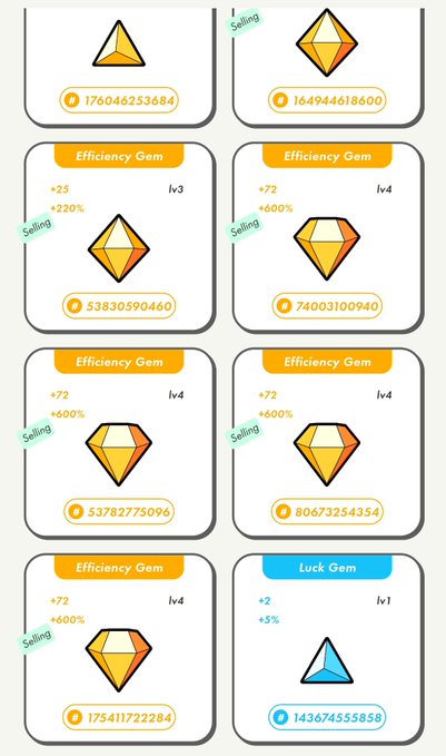 A collection of in-game gems labeled 'Efficiency Gem' and 'Luck Gem' at various levels with stats like +25, +22%, +72, +60%, marked 'Selling' with coin values.