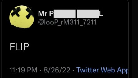 A screenshot of a tweet from user @looP_rM311_7211 posted at 11:19 PM on 8/26/22 via Twitter Web App, containing only the single word "FLIP" in the post body. This aligns with the accompanying prediction referencing "11:19 Flip the switch" — suggesting the minimalist "FLIP" tweet was the cryptic call-out corresponding to that timestamp.