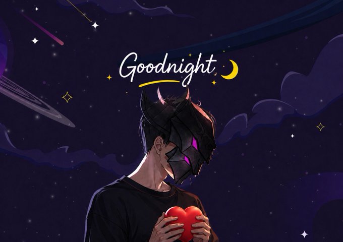 An anime-style illustration shows a person wearing a dark horned mask with glowing pink eyes, holding a glowing red heart against a starry night sky featuring the cursive text "Goodnight" with a crescent moon, complemented by planets and sparkles. The dreamy celestial setting and gentle nighttime message visually reinforce the post's tranquil goodnight wishes, with the heart symbolizing the mindfulness and self-care promoted by the @sleepagotchi Web3 ecosystem.