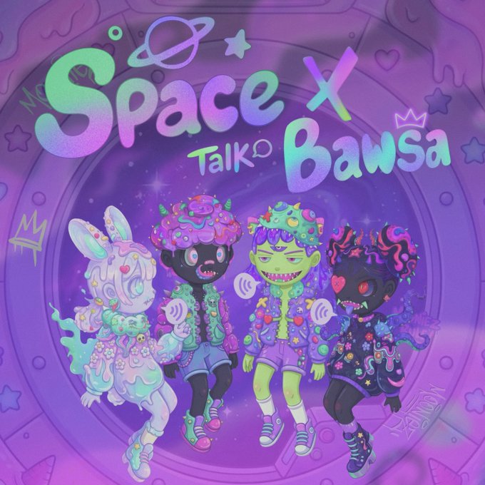 A vibrant purple and teal illustration titled 'Space Talk Bawsa' featuring four colorful cartoon characters with creative hair and outfits.