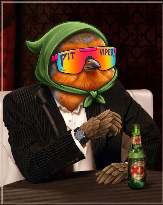 A digital illustration of an anthropomorphic bird character wearing a green bandana, colorful sunglasses labeled 'PIT VIPER', a black suit jacket, and a wristwatch, sitting at a bar table with a Dos Equis beer bottle.